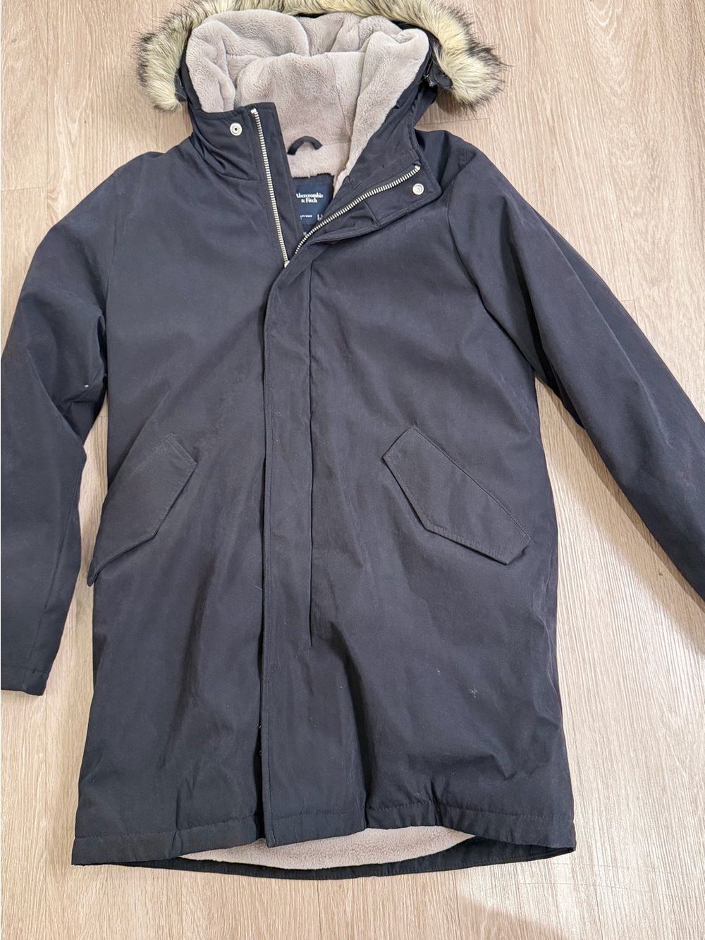Abercrombie & Fitch Black Men's Parka with Faux Fur Trim